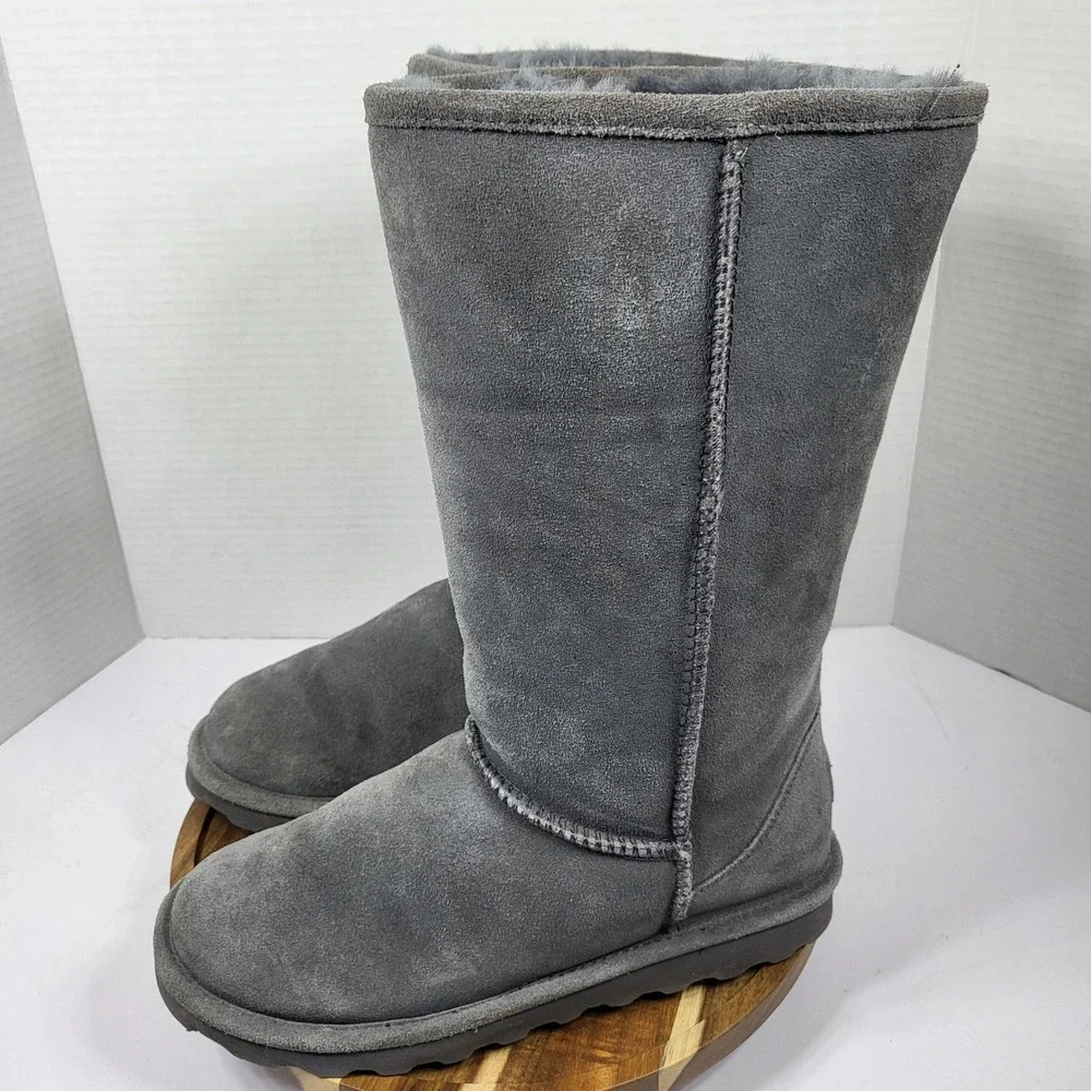 Bearpaw Women's Elle Tall‎ Wide Calf Suede Sheepskin Boots Charcoal Grey Size 8
